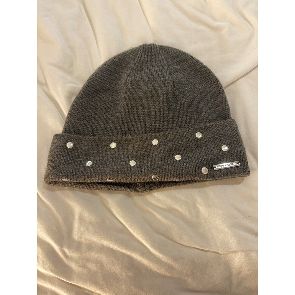 Michael Kors Women Dark Gray Studded Cuffed Knit Beanie Hat Silver Logo Plaque